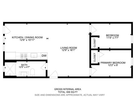 Floor plan for 2 beds, 1 bath, 650 sqft